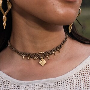 Tantra Choker Necklace ,Handmade Macrame Choker Necklace with Brass Charm – Boho Tribal necklace – Festival Necklace for Women