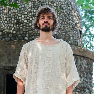 lennon tshirt,Handmade Boho Men’s Raw Cotton Shirt with Frayed Edges, Loose Fit Vintage Hippie Tunic, Natural Woven Festival Top