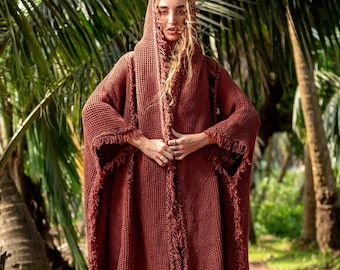 Hamra Poncho | Boho Hooded Poncho Women Men Unisex | Handmade Cotton Tribal Fringe Festival Cape Winter Wrap