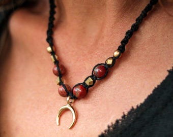 Macrame Moon Necklace: Red Jasper Boho Crescent, Tribal Jewelry