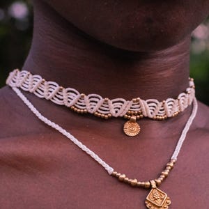 Hera Boho Necklace Set: Macrame Choker with Brass Pendants
