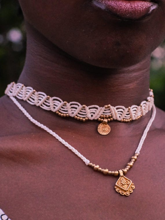 Hera Macrame Necklace | Brass Pendant Choker | Woven Cord Jewelry | Layered Boho Set | The Hera Choker
