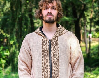 Beige katoenen hoodie, jack met tribalprint en ritssluiting, unisex boho festivaloutfit