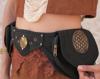 Canvas Waist Belt | Festival Utility Belt | Brass Buckle Multi-Pocket | Boho Rave Fashion | The Mystic Belt