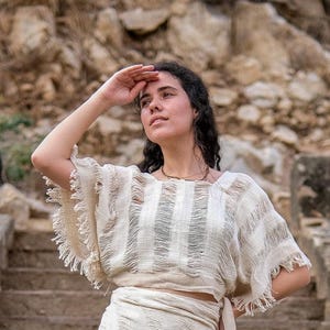 Celena Top ,Boho Handwoven Cotton Crop Top for Women – Natural Raw Edge Short Sleeve Top – Sustainable Textured Summer Shirt