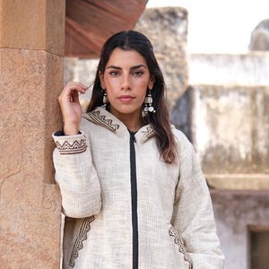 Kavana Jacket ,Handwoven Beige Cotton Hooded Jacket for Women with Zip Closure, Boho Winter Coat ,Tribal Patterned Cuffs and Pockets
