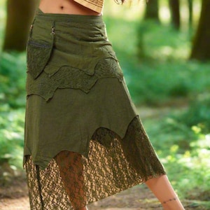 Dhora Skirt ,Boho Fairy Skirt ,Lace Hem and Pocket in Forest Green, Asymmetric Pixie Skirt for Festivals, Handmade Tribal Fusion Wrap Skirt