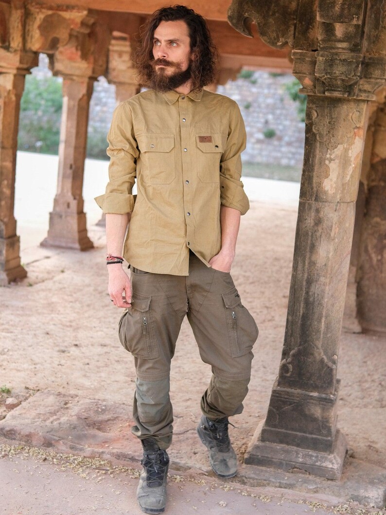 Men Cotton Utility Shirt with Chest Pockets, Handmade Long Sleeve Button Up Shirt - Histo Shirt