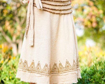 Fringed Wrap Skirt | Beige Block Print Midi | Tie-Up Closure Skirt | Boho Fringe Detail | The Fringe Wrap