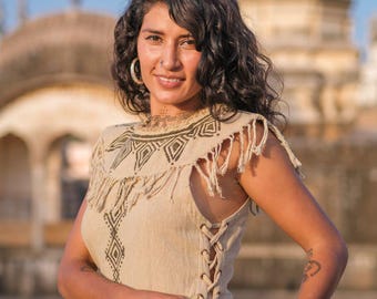 Boho Baumwolle Wrap Top, Fransendetail, Festival Sommer Crop