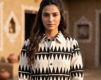 Black Geometric Button Up Shirt- Kapas Shirt