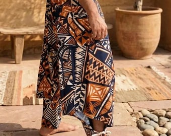 Boho Geometric Print Harem Pants, Unisex Drop Crotch Trousers, Festival Wear