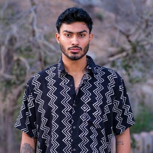 Zigzag Baggy Shirt ,Handmade Black Cotton Shirt for Men with Tribal Zigzag Print | Boho Festival Short Sleeve Shirt | Ethnic Button-Up Top