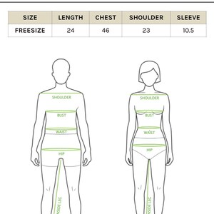May include: A size chart for a Uranus Shirt featuring a table with measurements in inches for length, chest, shoulder, and sleeve. Below the table are two black and white line art diagrams of human figures with green lines indicating measurement points.