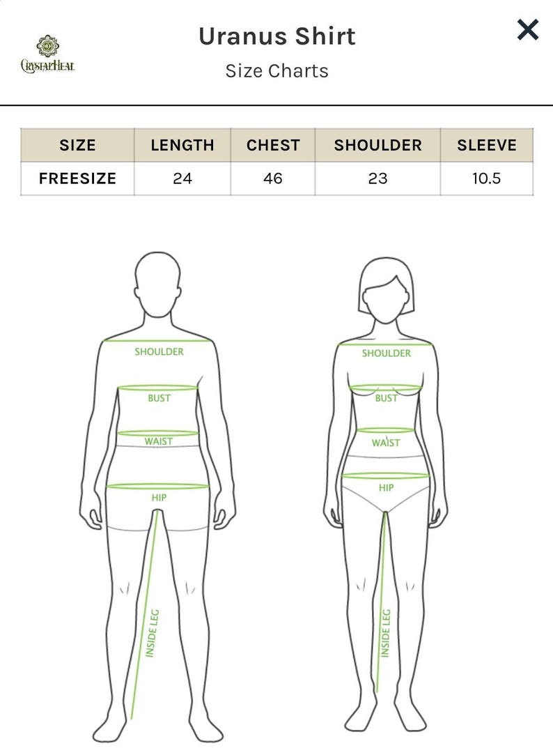 May include: A size chart for a Uranus Shirt featuring a table with measurements in inches for length, chest, shoulder, and sleeve. Below the table are two black and white line art diagrams of human figures with green lines indicating measurement points.