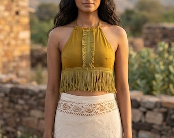 Boho Cotton Fringe Halter Top, Open Back Tie Up Shirt, Women's Hippie Summer Top - Amra Fringe Top