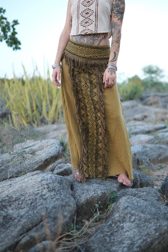 Cream Handblock Print Panel Fringe Detail High Waist Festival Skirt - Aira Skirt