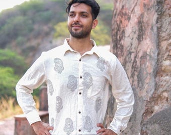 Men's Boho Cotton Block Print Shirt, Festival Ethnic Tribal Top, Yoga Wear