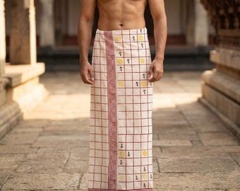 Cotton Dhoti, Grid Print Mundu, Hand Drawn Geometric Wrap, Botanical Motif Traditional Wear