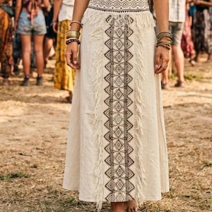 Cream Handblock Print Panel Fringe Detail High Waist Festival Skirt - Aira Skirt