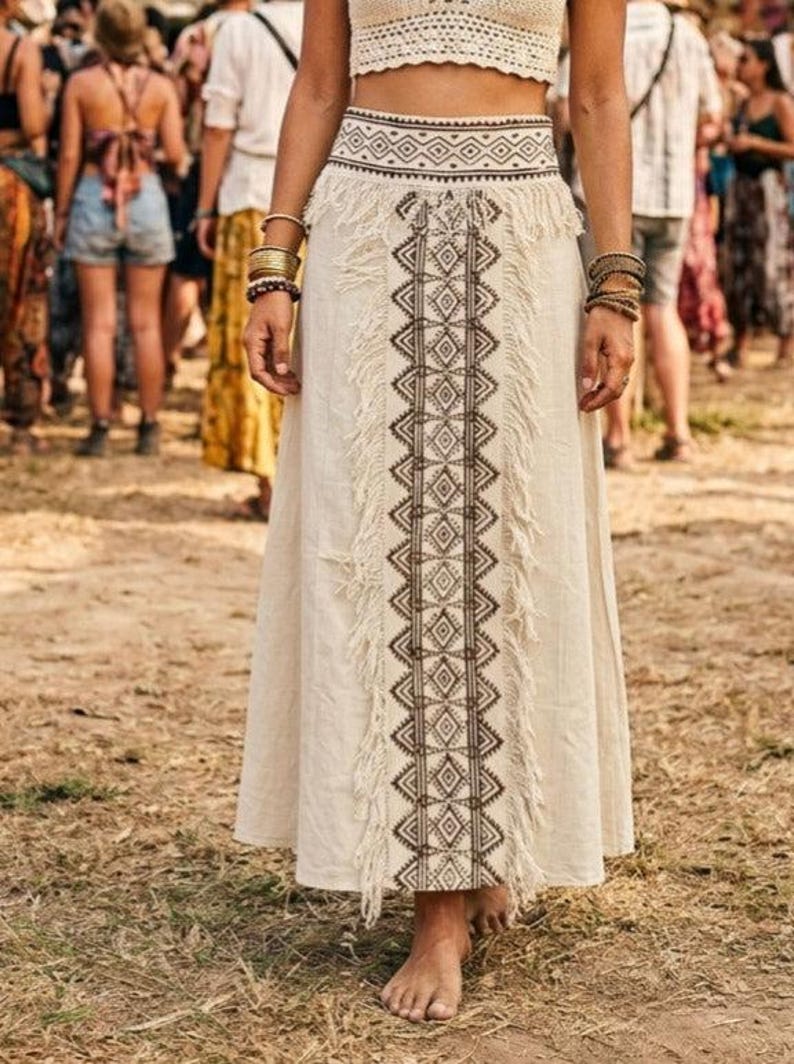 Cream Handblock Print Panel Fringe Detail High Waist Festival Skirt - Aira Skirt