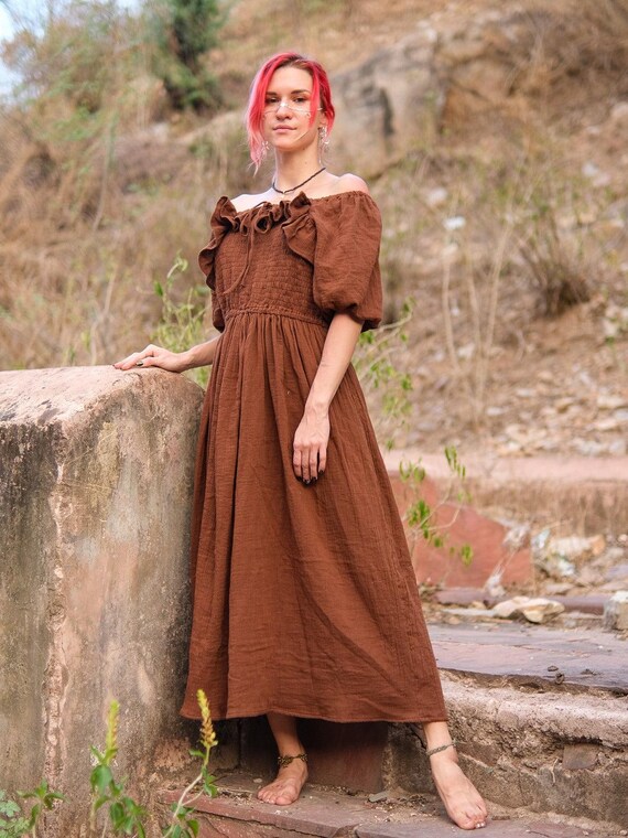 boho brown maxi dress Brown Boho Cotton Gauze Maxi Dress, Sleeveless Tiered Summer Outfit
