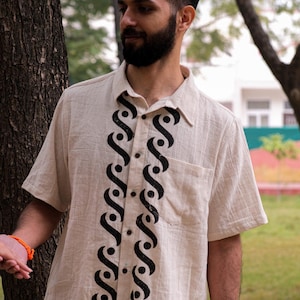 Manohara Shirt ,Handmade Beige Khadi Cotton Shirt for Men with Tribal Black Print, Short Sleeve Button-Up Summer Boho Shirt