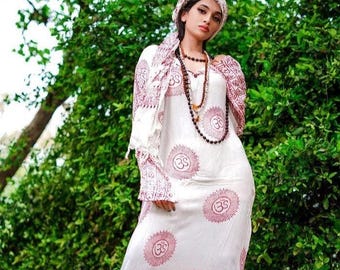 Om Hand Block Print Kaftan Dress: Boho Spiritual Clothing