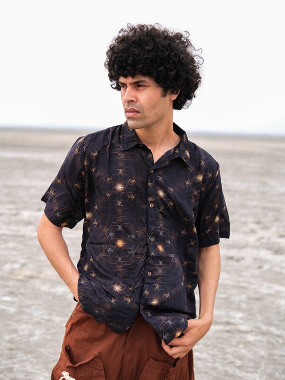 Chemise Modern Amusement Manches Courtes - Imprimé Géométrique Gris, Taille L, Coton/lin, Occasion