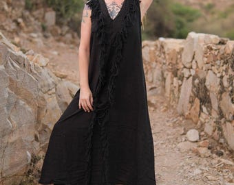 Vestido largo bohemio hecho a mano, atuendo étnico para festivales de verano y vacaciones en la playa.
