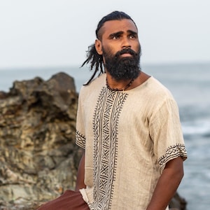Tribal T-shirt, Men’s Boho Tribal Cotton Shirt in Natural Beige, Handwoven Short Sleeve Hippie Top, Ethical Summer Festival Shirt