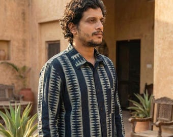 Men's Cotton Kurta Shirt, Mandarin Collar, Boho Ethnic Summer Wear