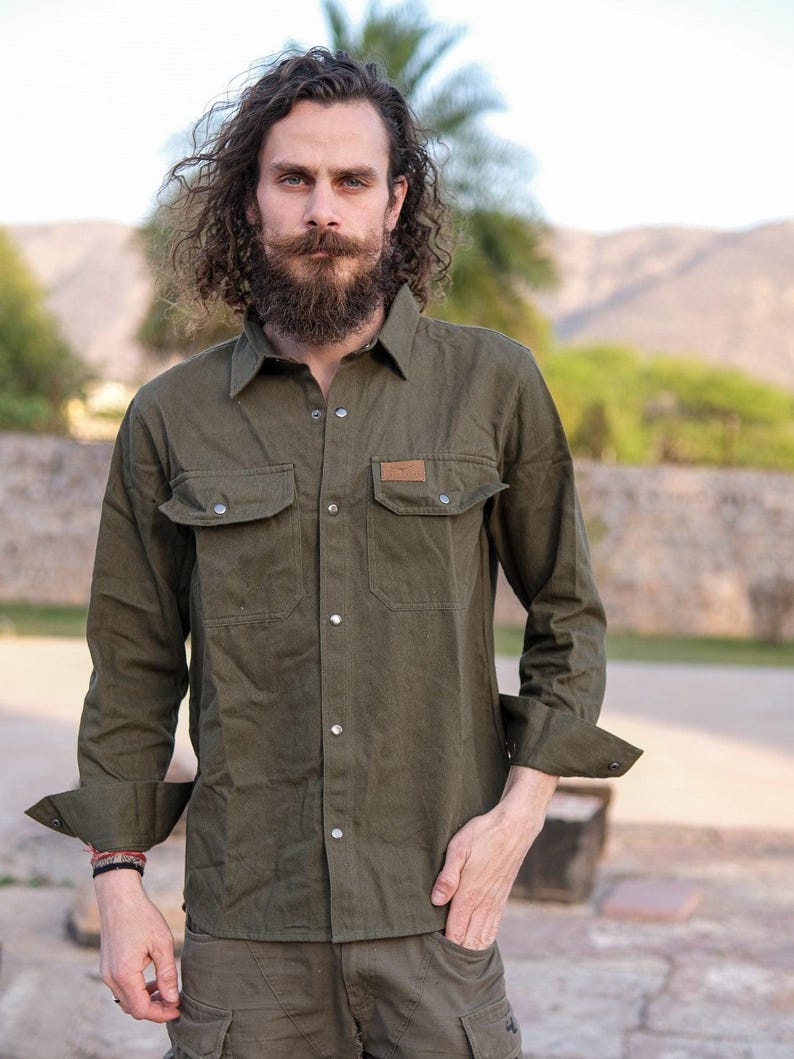 Men Cotton Utility Shirt with Chest Pockets, Handmade Long Sleeve Button Up Shirt - Histo Shirt