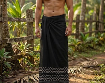 Dhoti de algodón negro para hombre - Dhoti con estampado zigzag medianoche