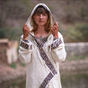 Mystic Cloak ,Boho Hooded Festival Coat ,Tribal Patterns and Fringe Details, Handmade Cotton Long Jacket, Hippie Hooded Wrap Robe