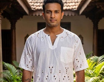 Mens White Cotton Eyelet Shirt - Noorika Kurta