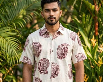 Ameya Shirt ,Hand Block Printed Cotton Shirt for Men – Red Spiral Shell Design Short Sleeve Indian Kurta Top – Summer Ethnic Shirt