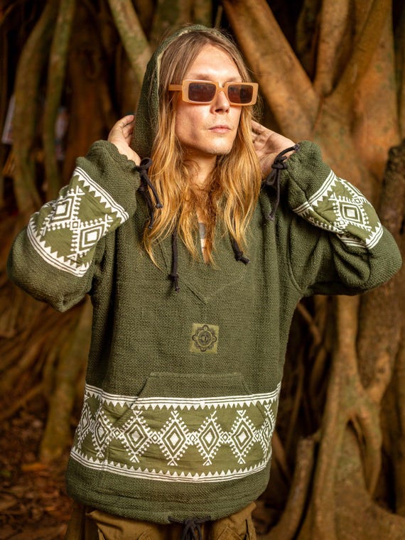 Handmade Tribal Block Print Hoodie | Cotton Jute Blend Festival