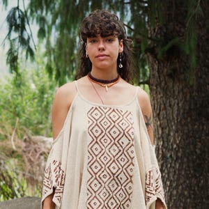 Celestial Top -Boho Handwoven Cotton Poncho Top for Women – Natural Tribal Print Kaftan Blouse ,Wide Sleeves, Festival Clothing