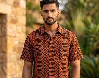 Hand Block Printed Wave Shirt, Orange Geometric Menswear, Boho Casual Button Down