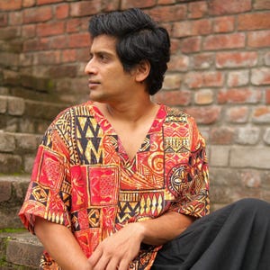 Agastya T-Shirt ,Handmade Colorful Tribal Print Cotton Shirt for Men, Loose Fit Boho Hippie Festival Top ,Short Sleeves and Ethnic Design