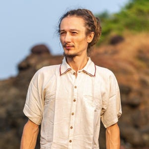 Atman shirt ,Men’s Boho Short Sleeve Cotton Shirt with Tribal Handblock Print, Button Down Hippie Beach Shirt, Handmade Summer Festival