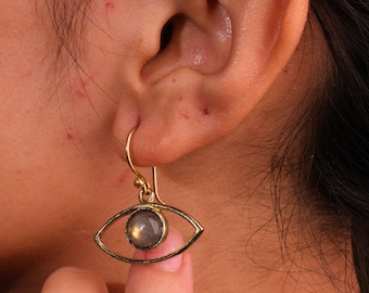 Labradorite Third Eye Earrings: Brass Hook Closure