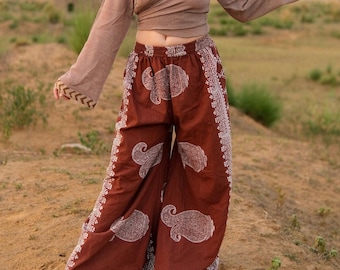 Boho Paisley Palazzo Pants, Wide Leg Trousers, Elastic Waist, Festival Wear