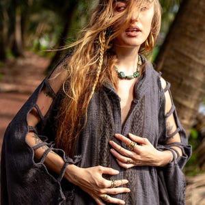 Anan Poncho ,Boho Tribal Black Kaftan Dress ,Cutout Sleeves, Handmade Hippie Tunic, Festival Clothing, Bohemian Ethnic Witchy Outfit