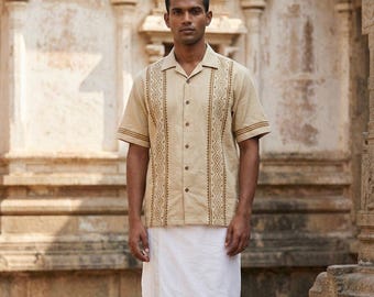 Beige Etnisk Kortärmad Skjorta - Sutra Shirt