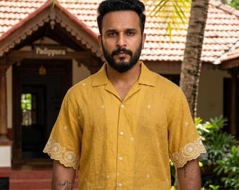 Mustard Cotton Embroidered Short Sleeve Boho Button Up shirt - Golden Hakoba Shirt