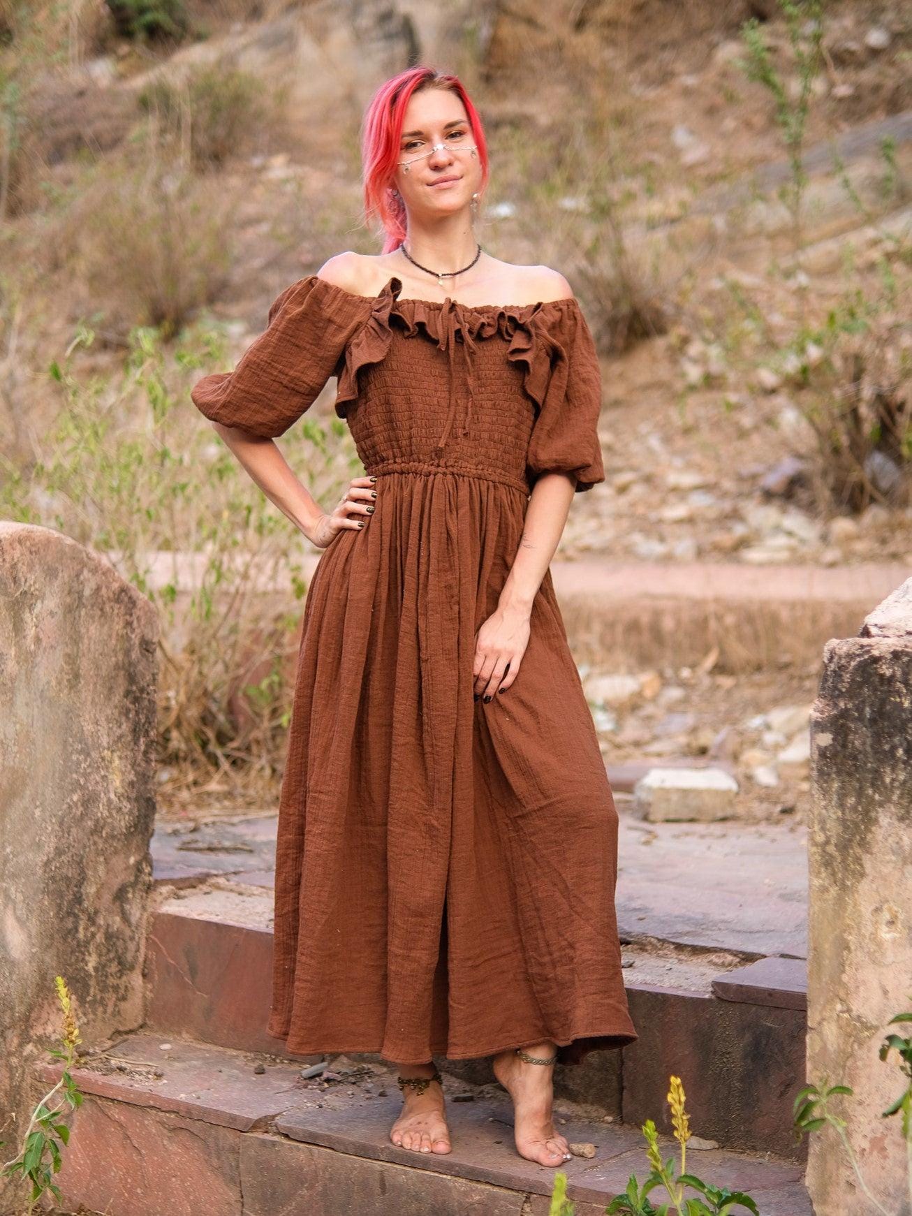 brown tropical dress Boho Floral Maxi Dress, Flowy Cotton Summer Beach Festival Outfit Size:Customized