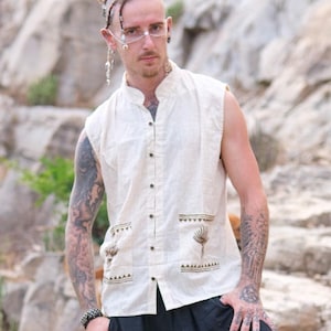 Men&#39;s Bohemian Vest: Handmade Block Print Cotton Jute Sleeveless Top