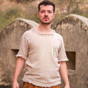 Tarzan T-Shirt ,Handmade Boho Fringe T-Shirt for Men in Natural Beige, Raw Hem Cotton Tee , Festival Top Hippie Tribal Shirt
